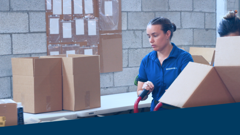 An image showing a warehouse worker moving order items around a warehouse.