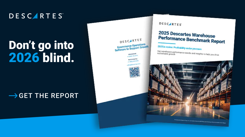 An image showing the 2025 Descartes Warehouse Performance Benchmark Report. Text in the image says, 'Don't go into 2026 blind. Get the report.'