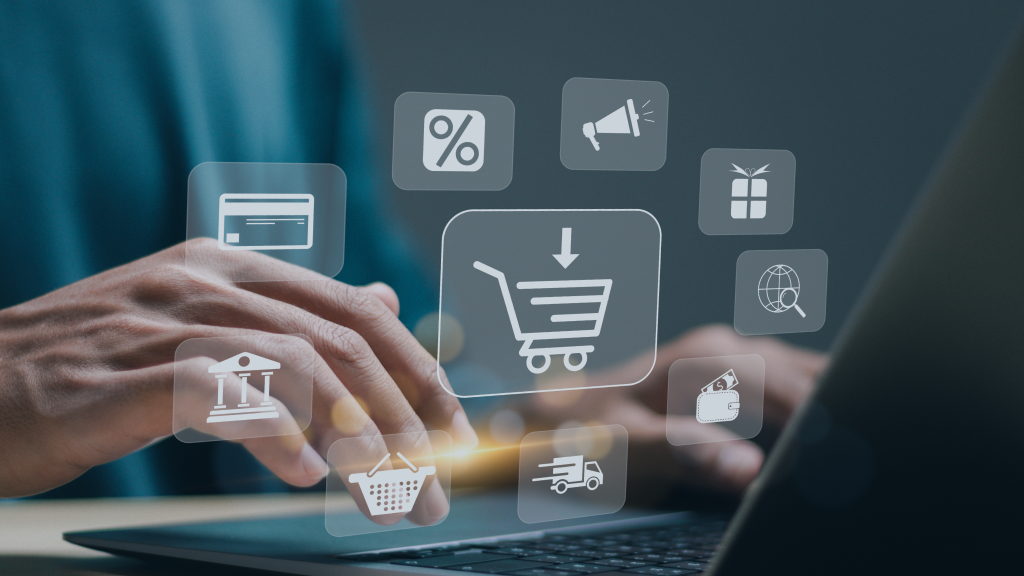 An image of someone typing on a laptop keyboard. Superimposed are several icons associated with ecommerce.