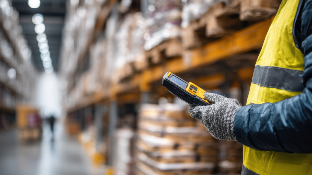 An image of a warehouse worker holding a barcode scanning device in a warehouse.
