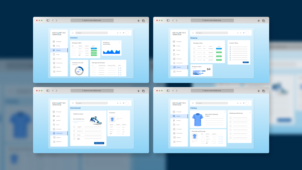 An image four different screens from the Descartes Sellercloud interface. They depict how users can manage inventory, shipping, and listings from within Sellercloud.