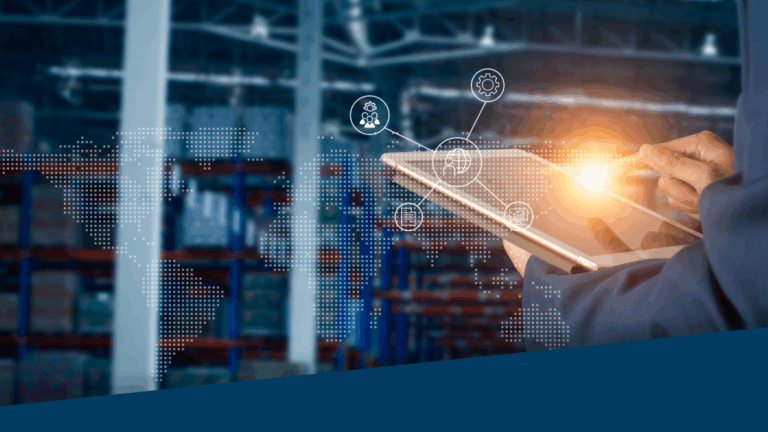 An image depicting a warehouse worker using a tablet in a warehouse.
