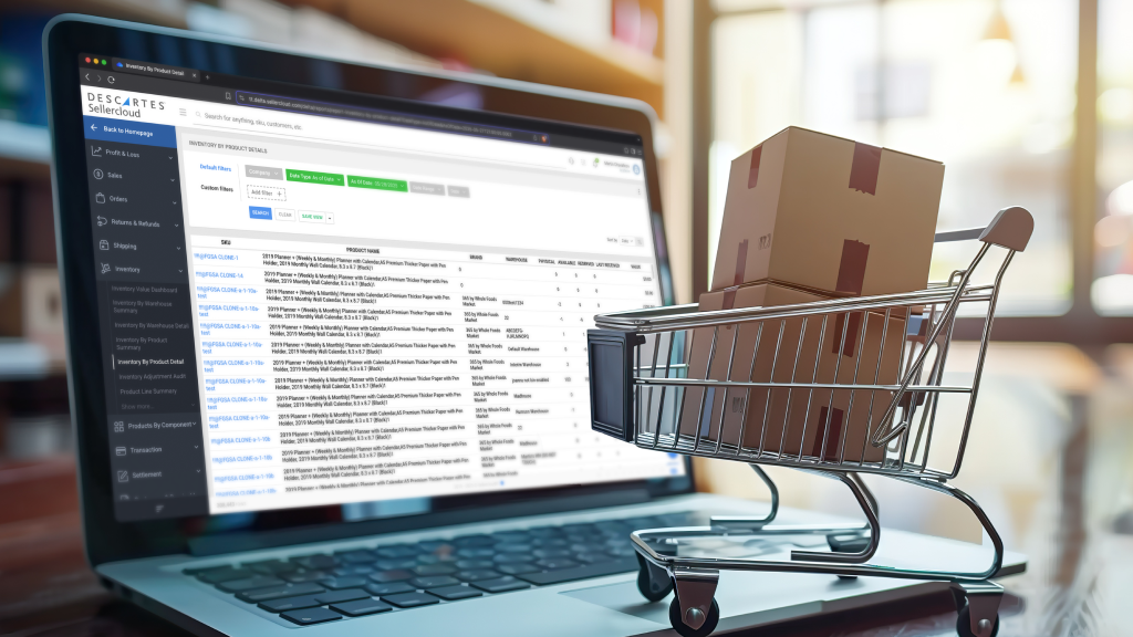 An image showing a mini shopping cart on top of laptop. On the laptop screen is the Sellercloud dashboard.