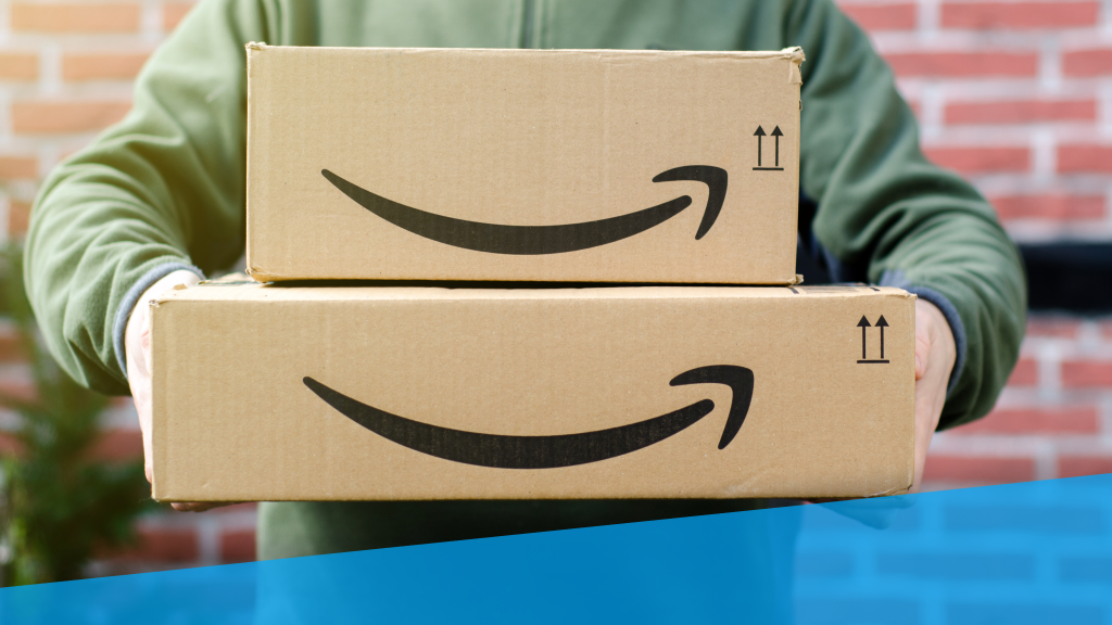 An image showing someone holding two packages, both featuring the Amazon smile logo.