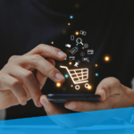 An image showing someone making an online purchase on a mobile device. Superimposed are various icons associated with ecommerce.