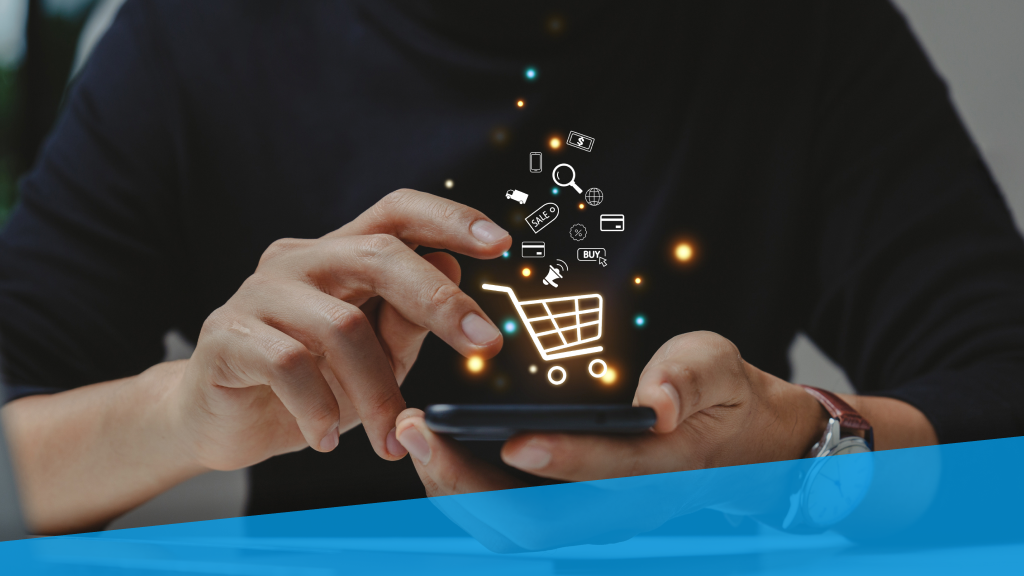 An image showing someone making an online purchase on a mobile device. Superimposed are various icons associated with ecommerce.
