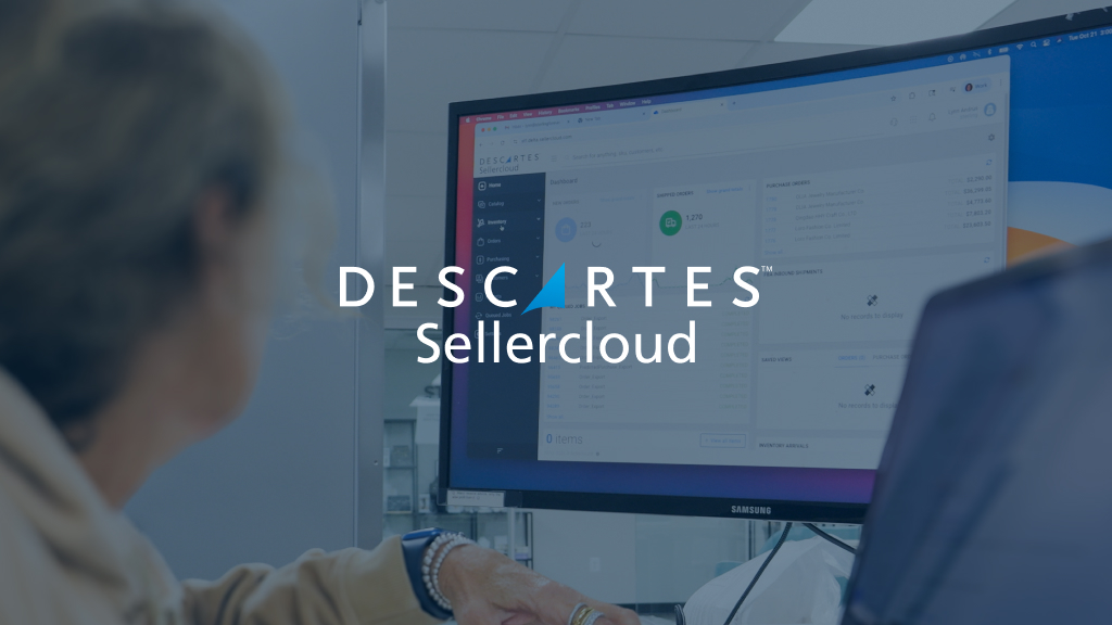 An image showing someone working on a computer. The screen shows a Sellercloud dashboard. Superimposed onto the image is the Descartes Sellercloud logo.
