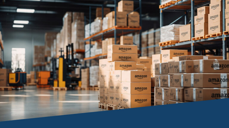 An image from inside a warehouse. To the right side, there are multiple boxes with 'Amazon' written on them.